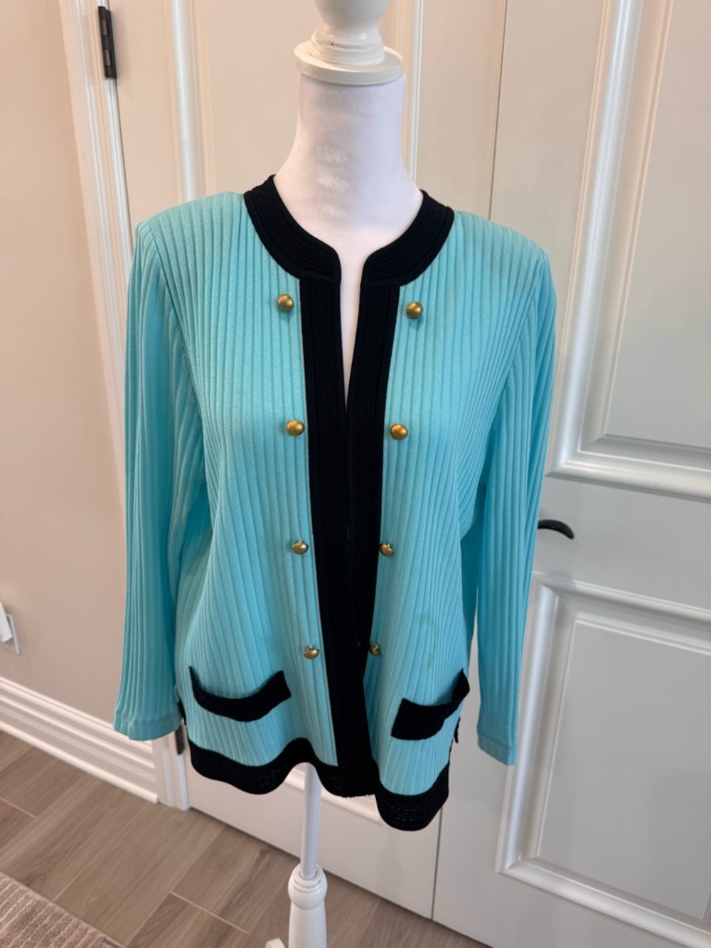 Misook Aqua Ribbed Cardigan with Black Trim and Gold Buttons